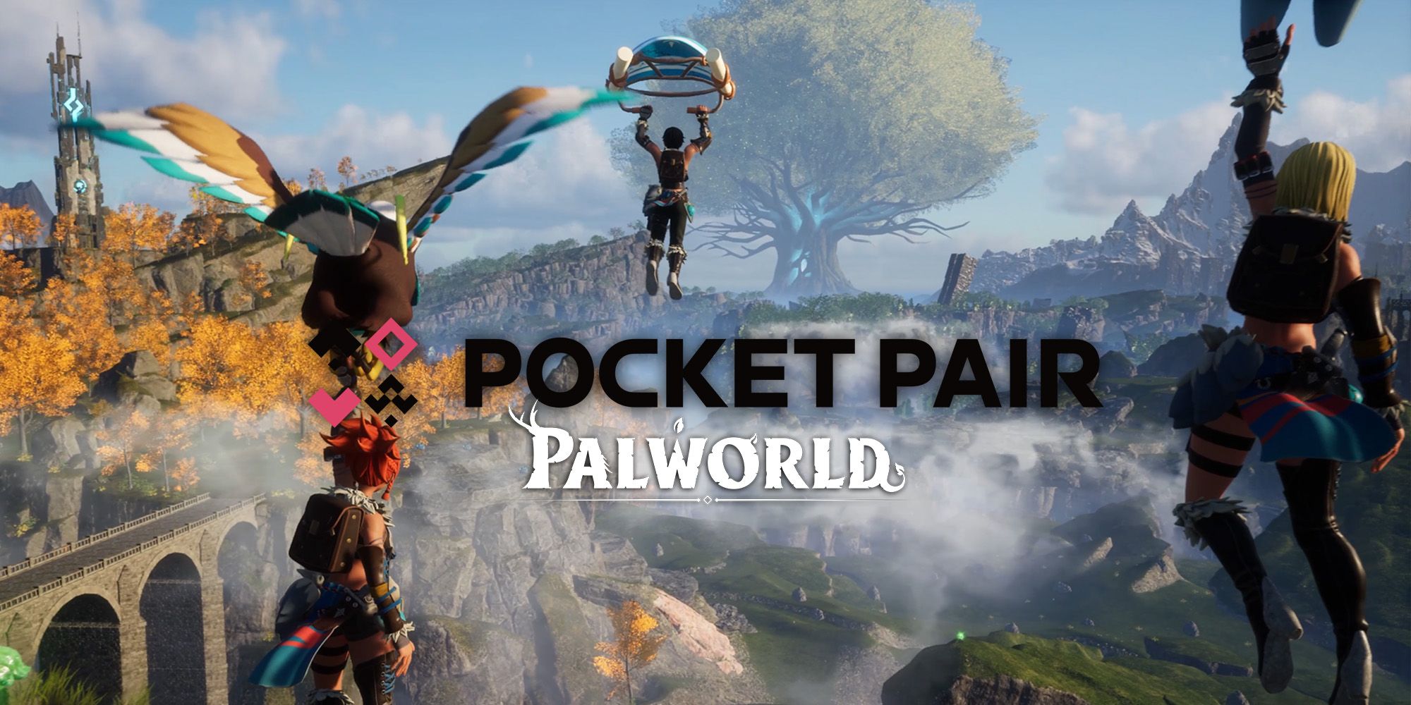 Palworld - Screenshot From Game With Pocketpair And Palworld Logos on top
