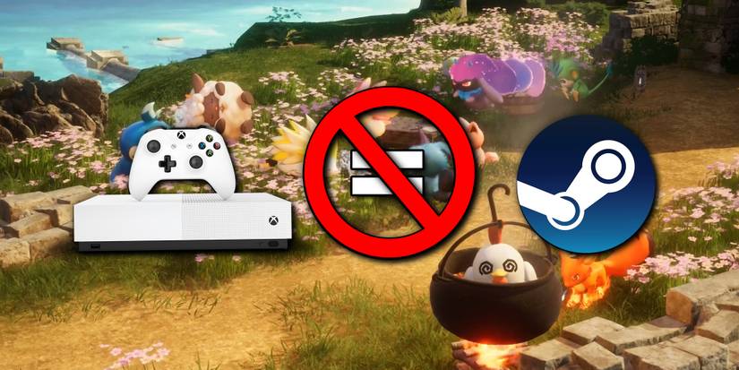 Palworld Screenshot With Xbox One Console And Steam Logo On Top