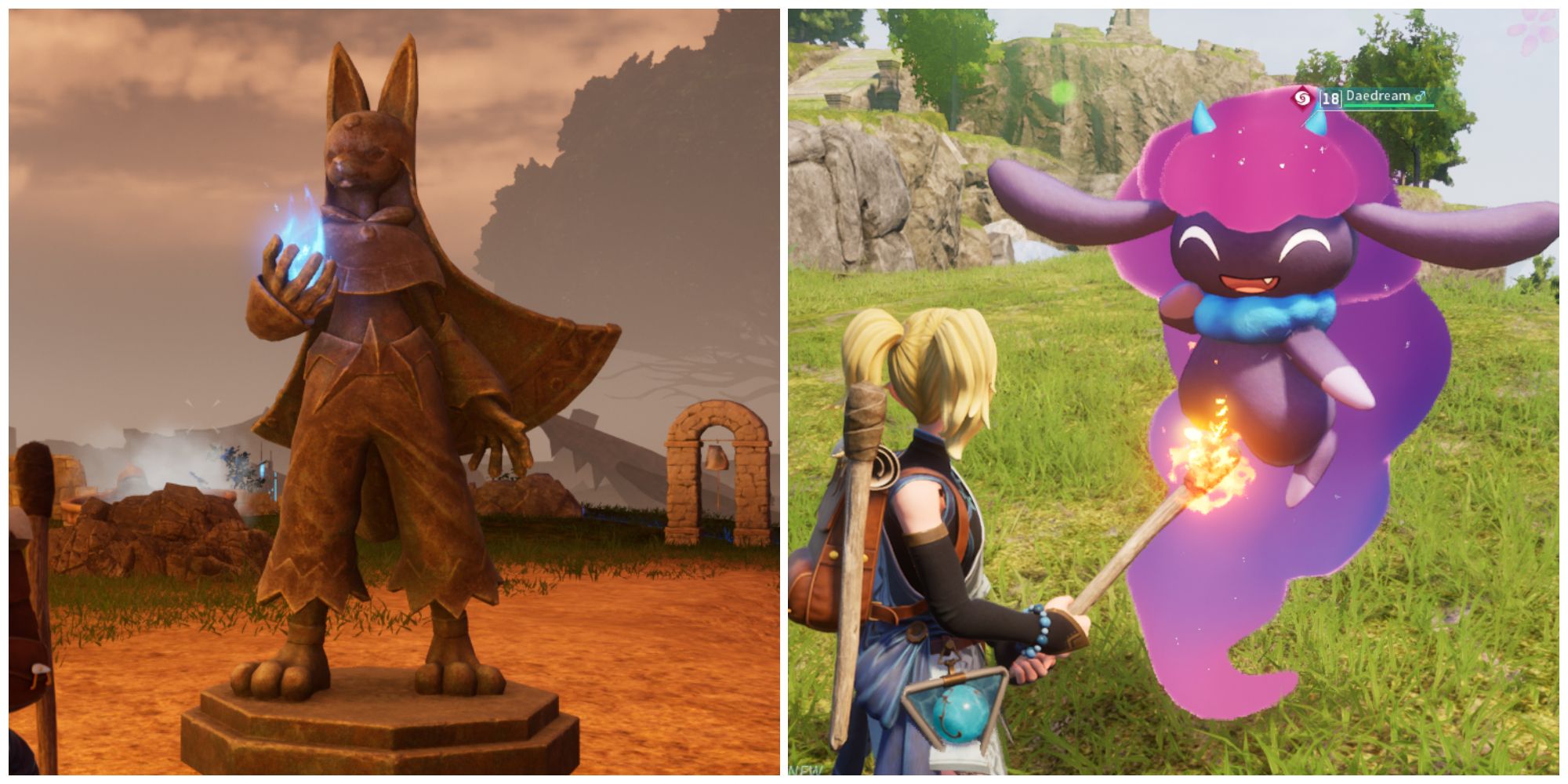 Split image of the Statue of Power and the Pal Daedream after being pet in Palworld