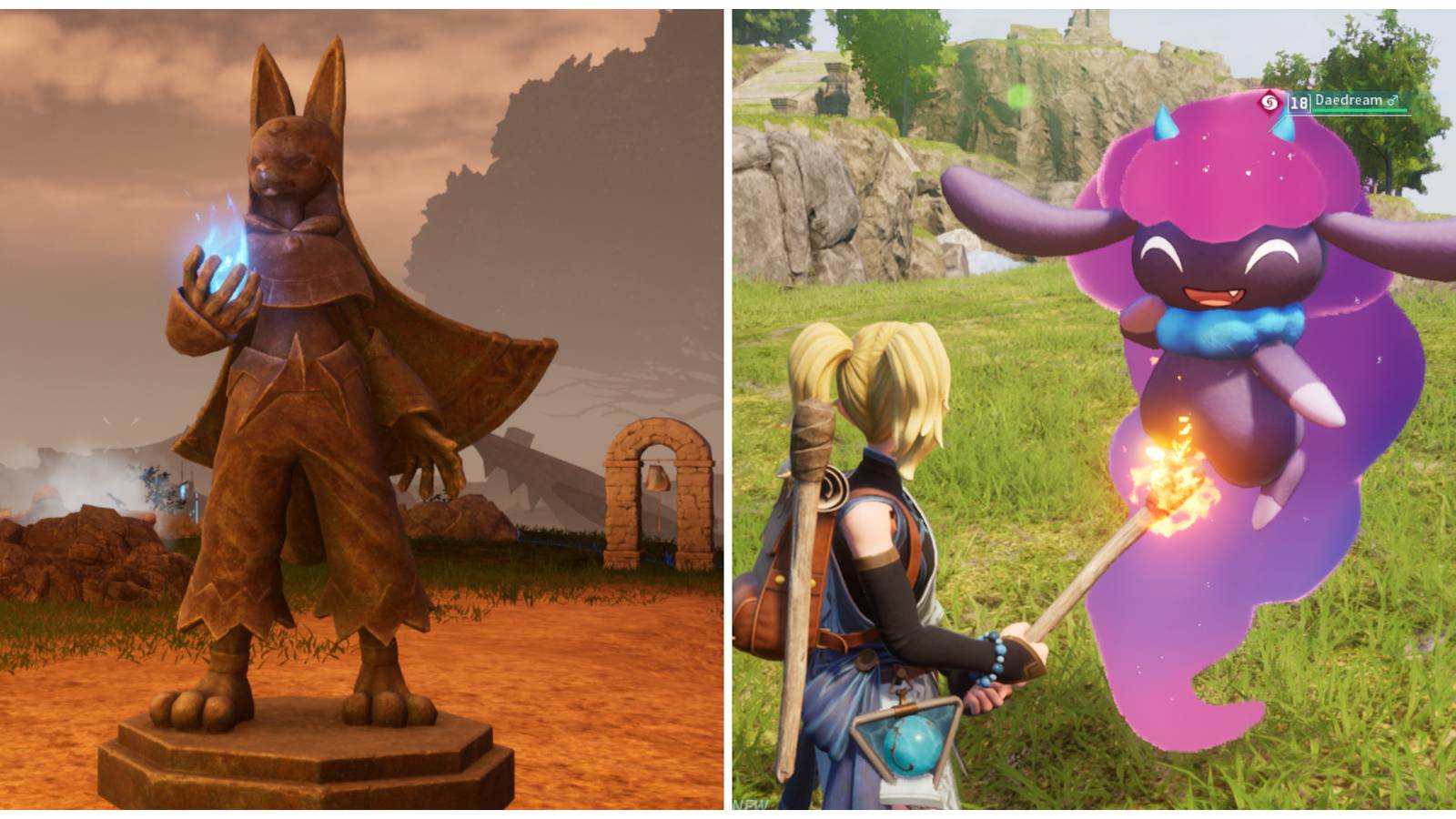 Split image of the Statue of Power and the Pal Daedream after being pet in Palworld