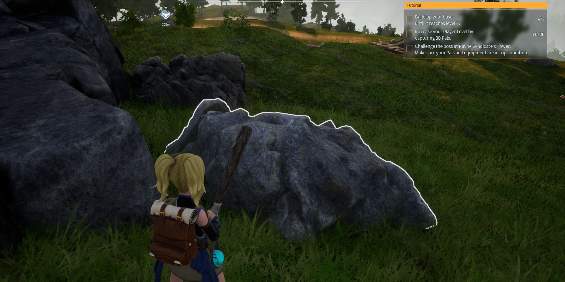 Image of a character standing in front of a large rock to get Stone in Palworld