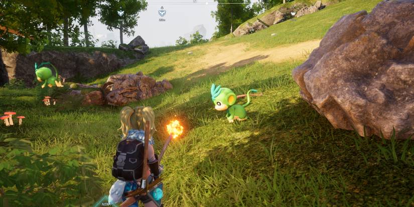 Image of a character standing in front of a wild Tanzee in Palworld