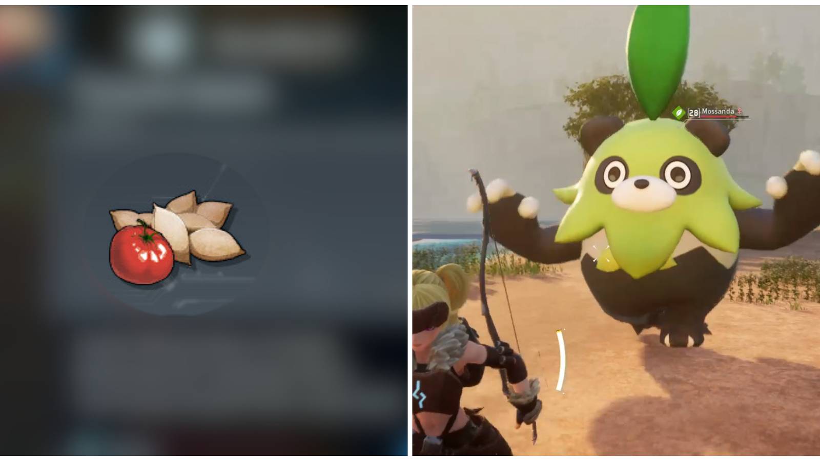 Split image of the icon for Tomato Seeds and a Mossanda running at a player in Palworld