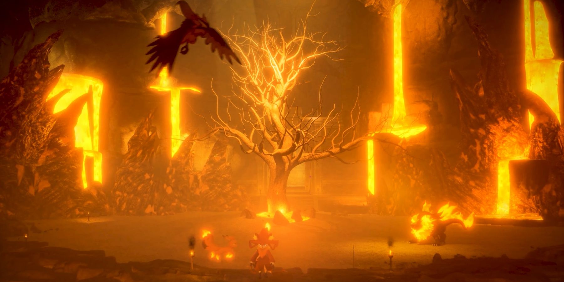 Palworld tree and fire environment
