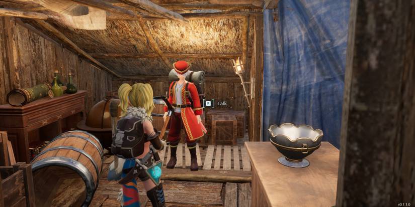 Image of a character standing in front of a Wandering Merchant in Palworld