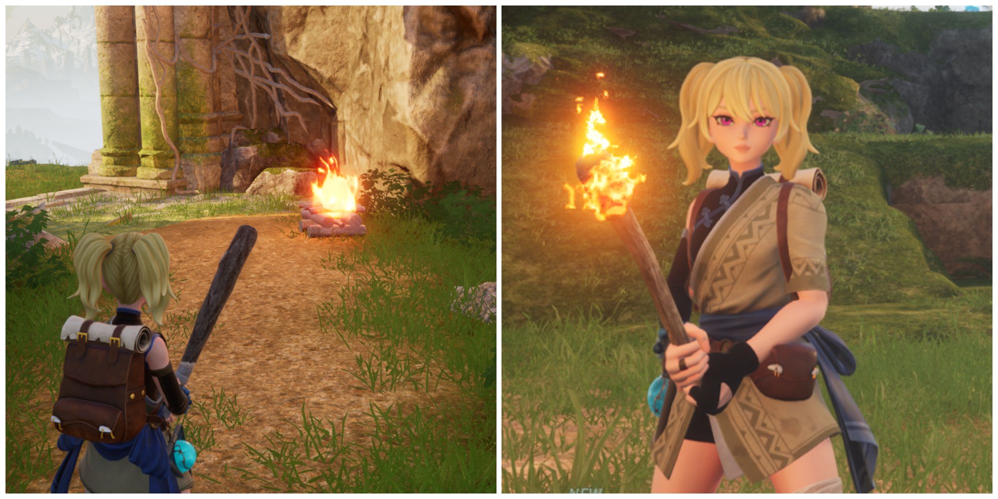 Split image of a character standing in front of a Campfire and holding a Hand-Held Torch in Palworld
