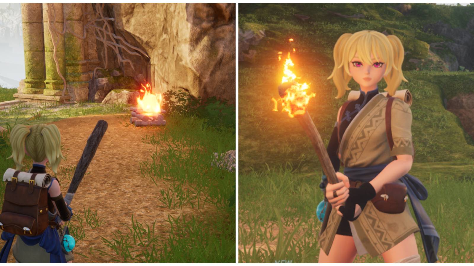 Split image of a character standing in front of a Campfire and holding a Hand-Held Torch in Palworld