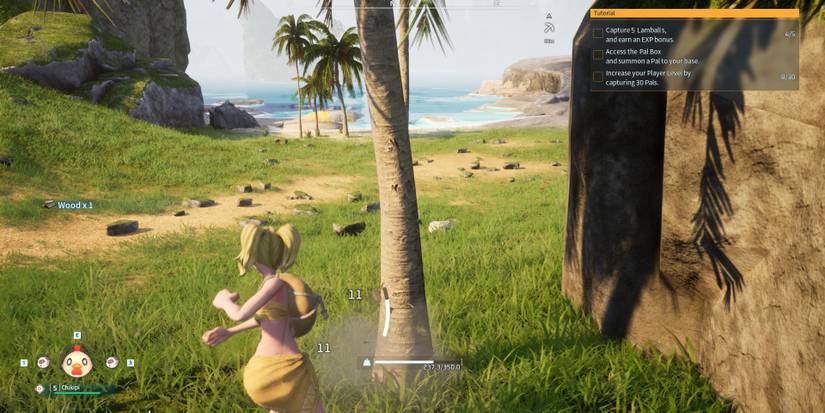 Image of a character hitting a tree to get wood in Palworld