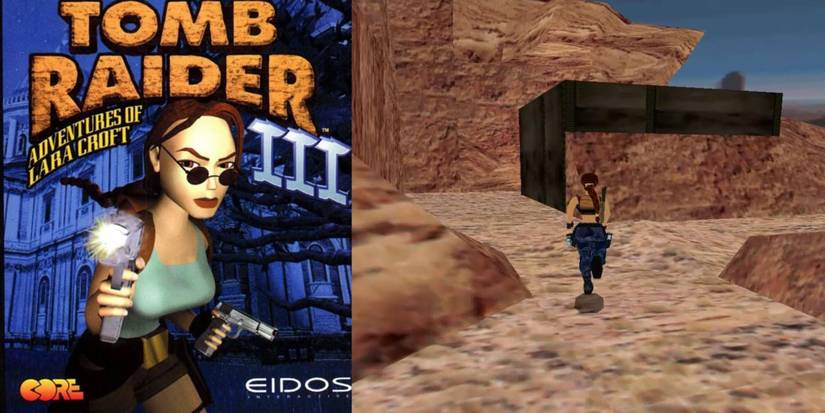Cover art for tomb raider 3 and screenshot of the desert level