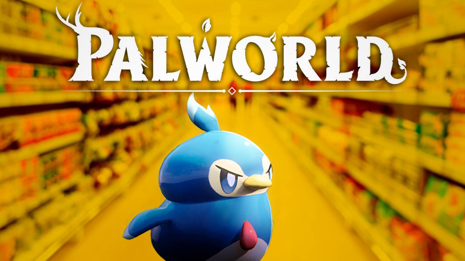 Pengullet running through yellow convenience store backdrop with Palworld logo composite