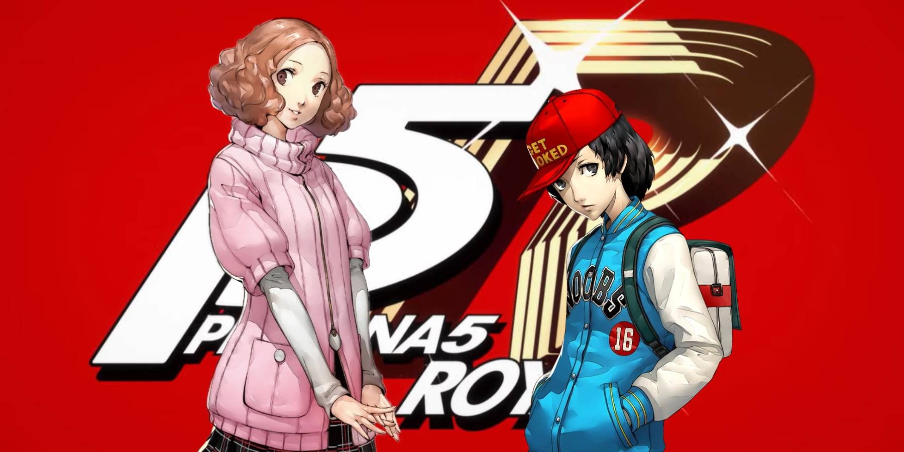Haru and Shinya in front of the Persona 5 Royal logo from the game's intro