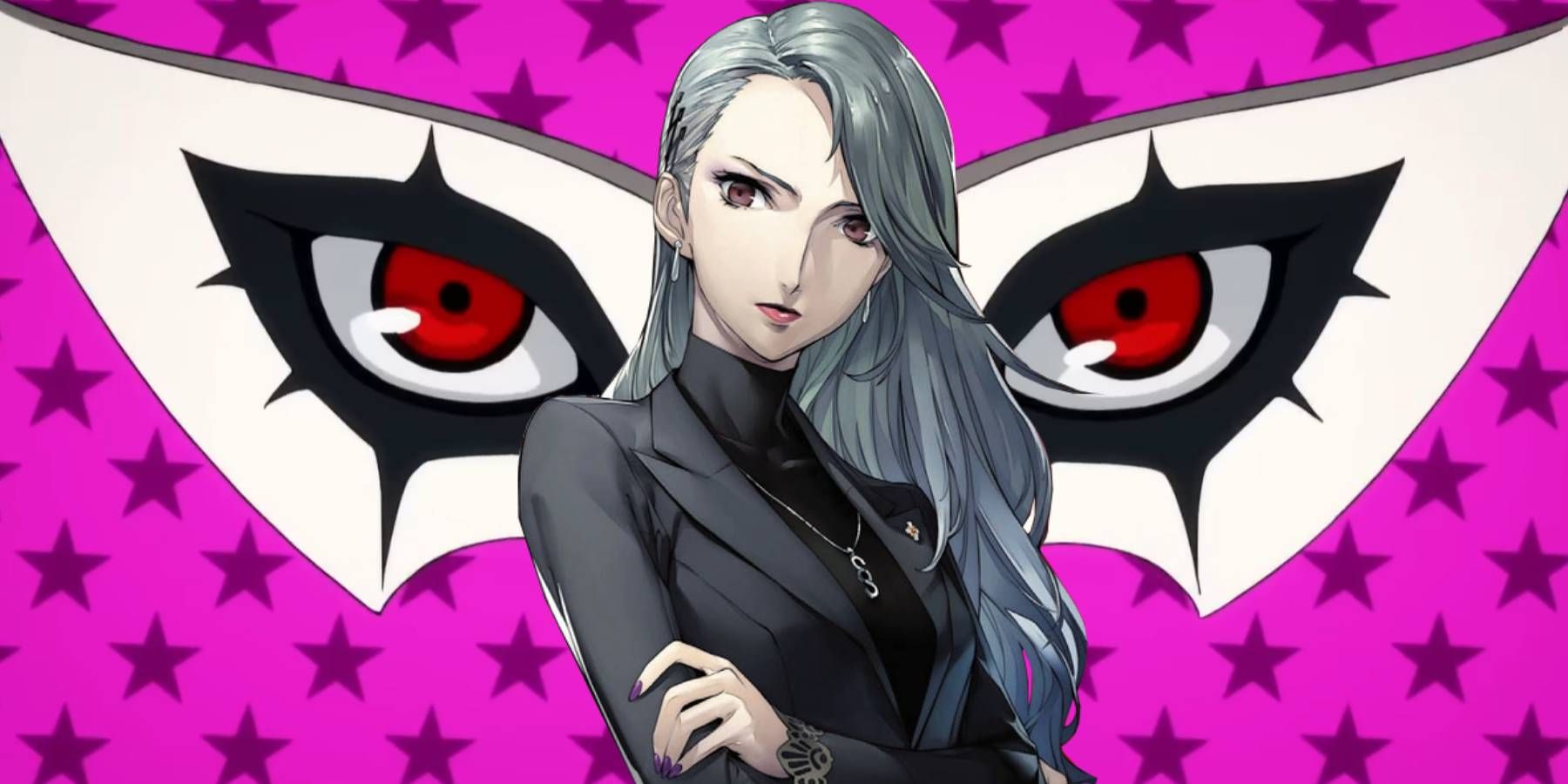 Sae Niijima in front of Joker's mask from the intro of Persona 5 Royal