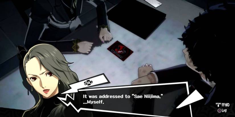Sae Niijima with the Phantom Thieves' calling card in Persona 5