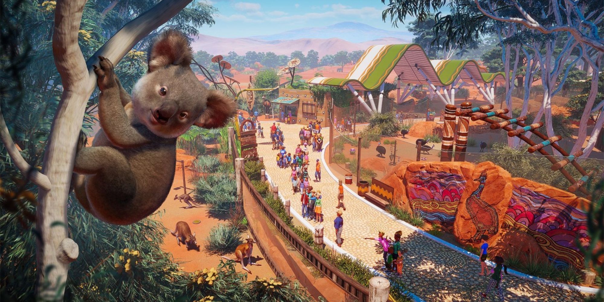 A koala clinging to a tree in front of a zoo in Planet Zoo