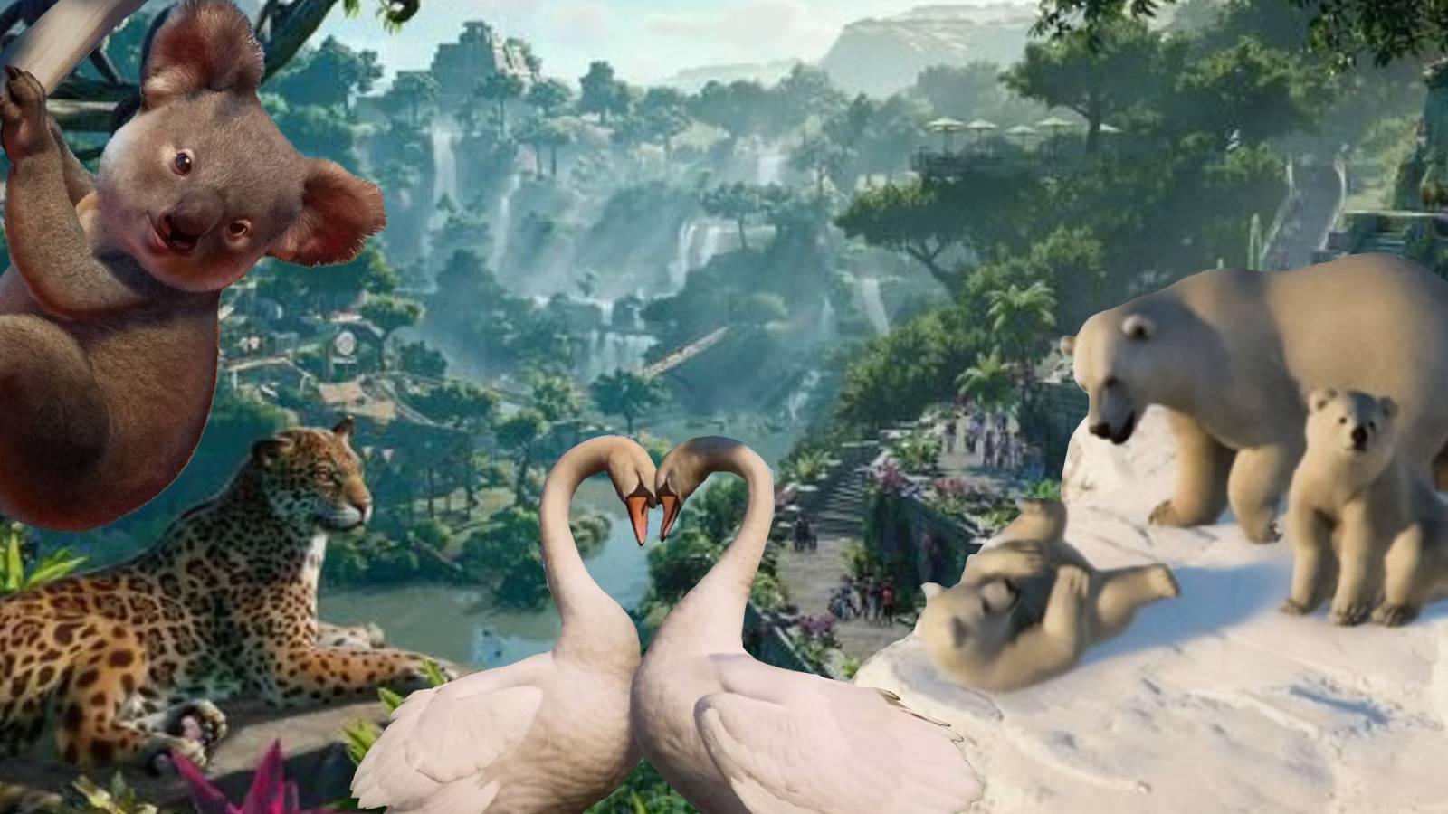 A koala, a juguar, two swans, and a family of polar bears from Planet Zoo in front of a jungle 