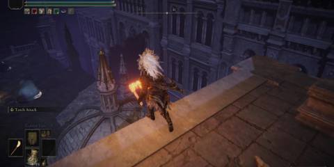 Player jumping from the roof in Nokron in Elden Ring