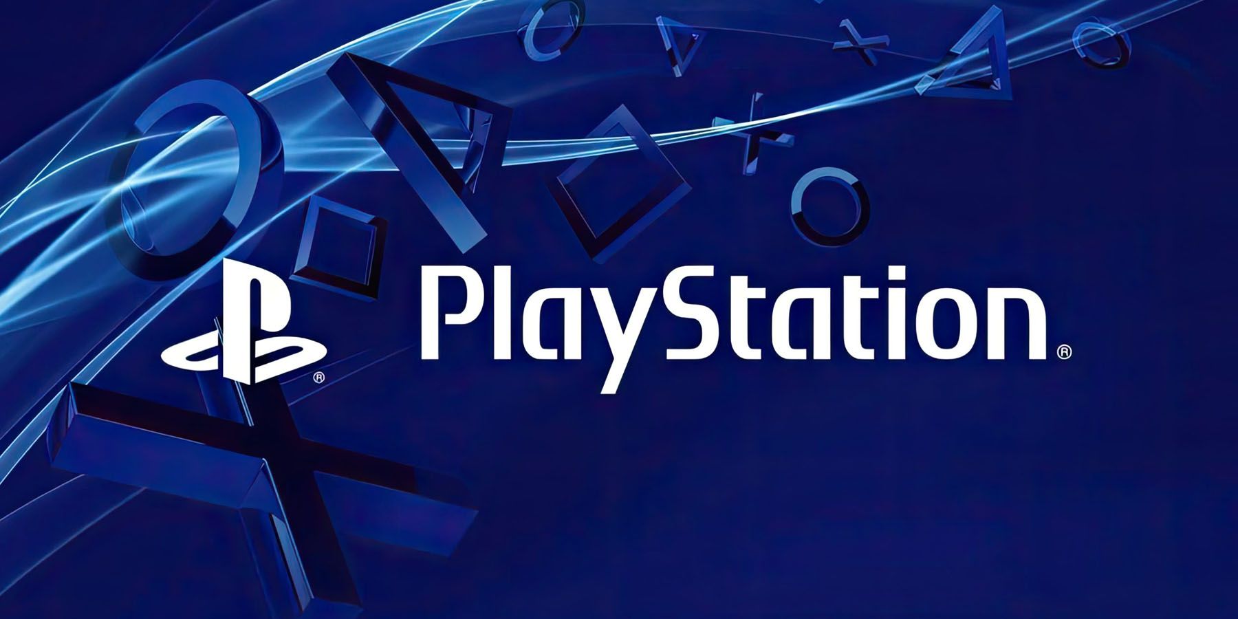A white PlayStation logo set against a blue background with PlayStation button symbols behind it.