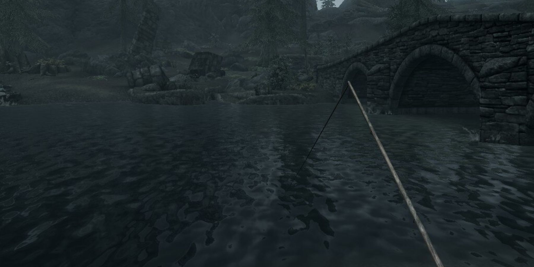 Skyrim: the character is fishing