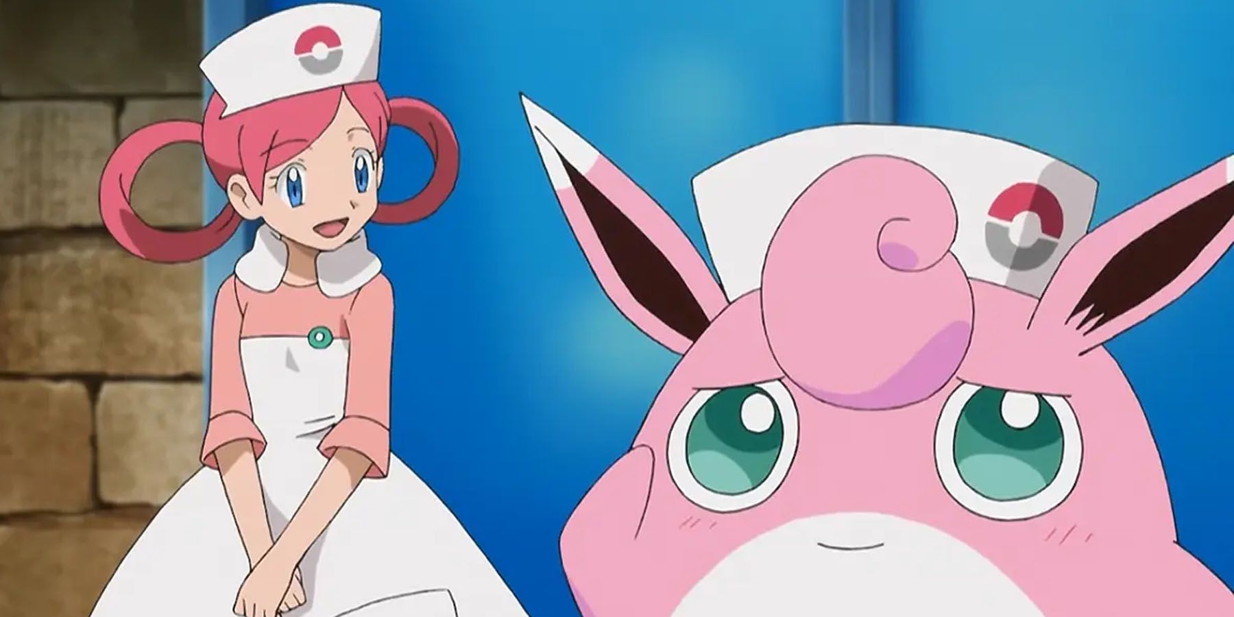 A screenshot of Nurse Joy and Wigglytuff in the Pokemon anime.