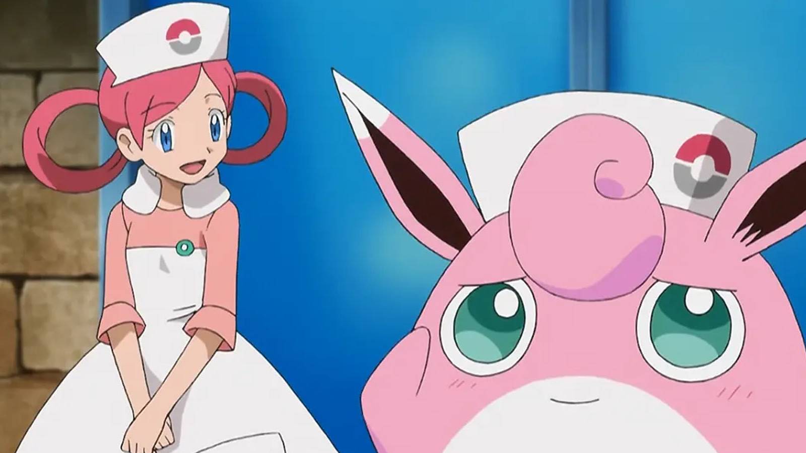 A screenshot of Nurse Joy and Wigglytuff in the Pokemon anime.