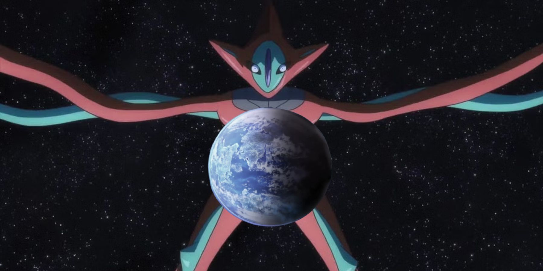 Um Deoxys gigante está pairando sobre a Terra no espaço sideral