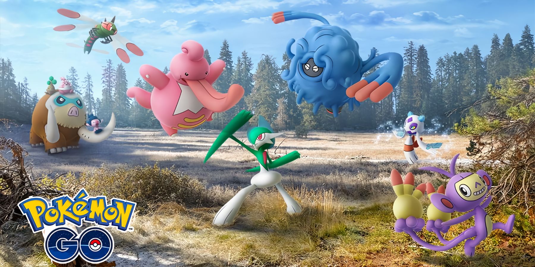 A Pokemon GO key visual showing several Sinnoh Pokemon fighting. Pictured are Gallade, Lickilicky, Yanmega, Mamoswine, Tangrowth, Froslass, and Ambipom.