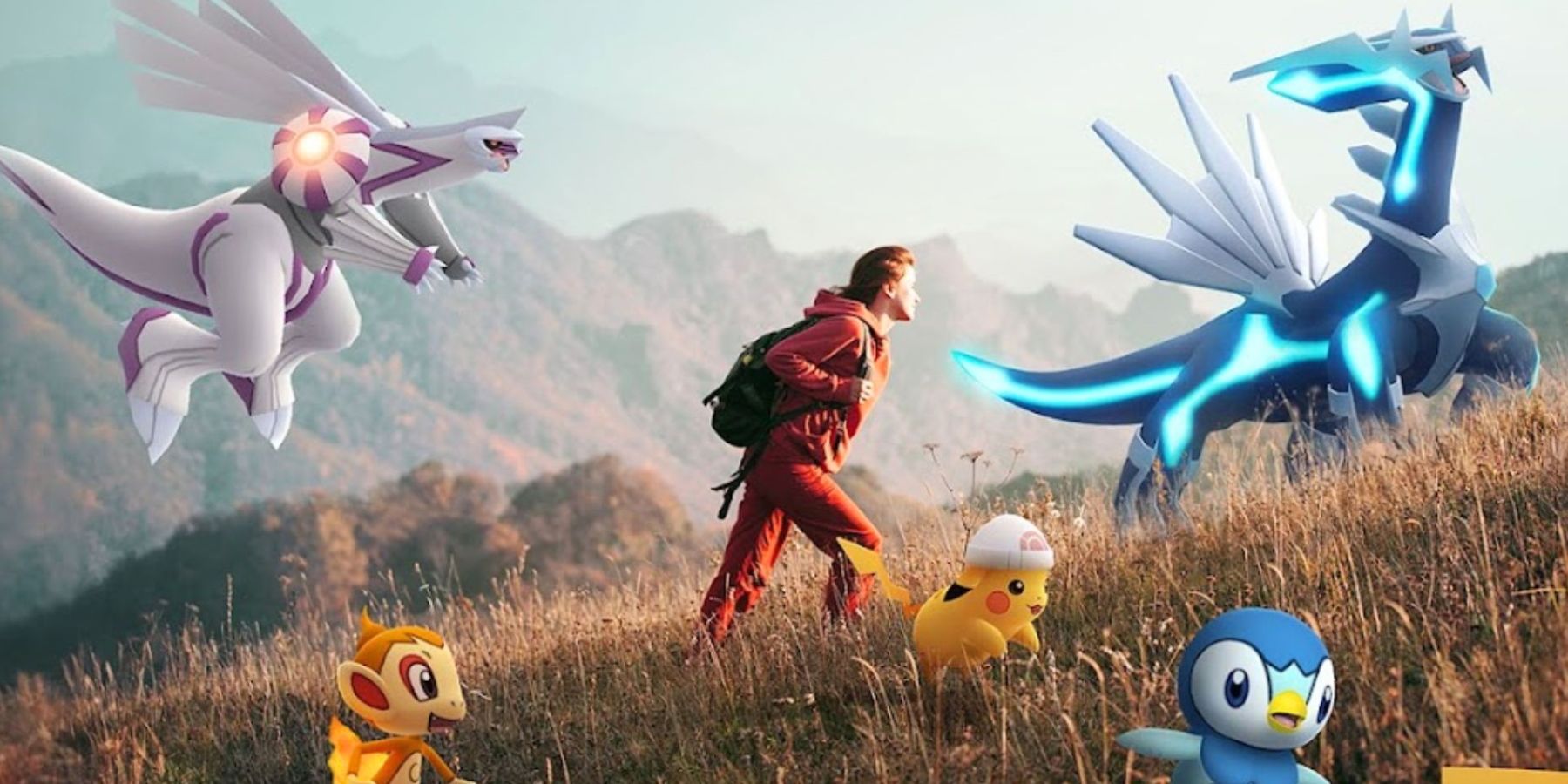 A key visual for Pokemon GO showing a person climbing a hill with several Pokemon including Pikachu, Chimchar, Piplup, Dialga, and Palkia. - With the Pokemon GO Tour 2024 over, players are preparing for the next Pokemon GO season