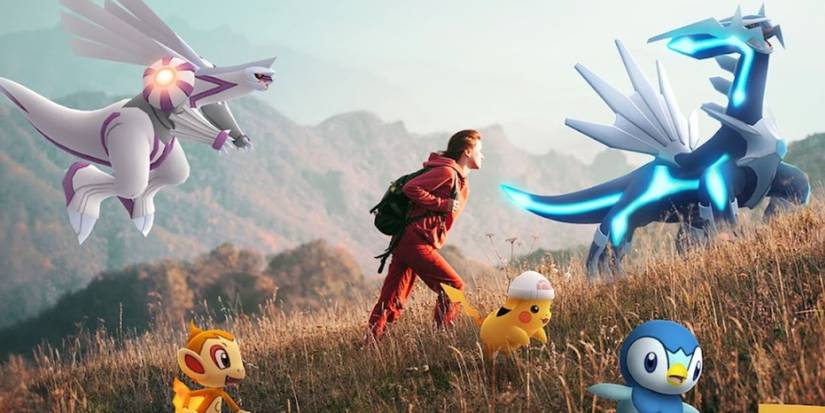 A key visual for Pokemon GO showing a person climbing a hill with several Pokemon including Pikachu, Chimchar, Piplup, Dialga, and Palkia.