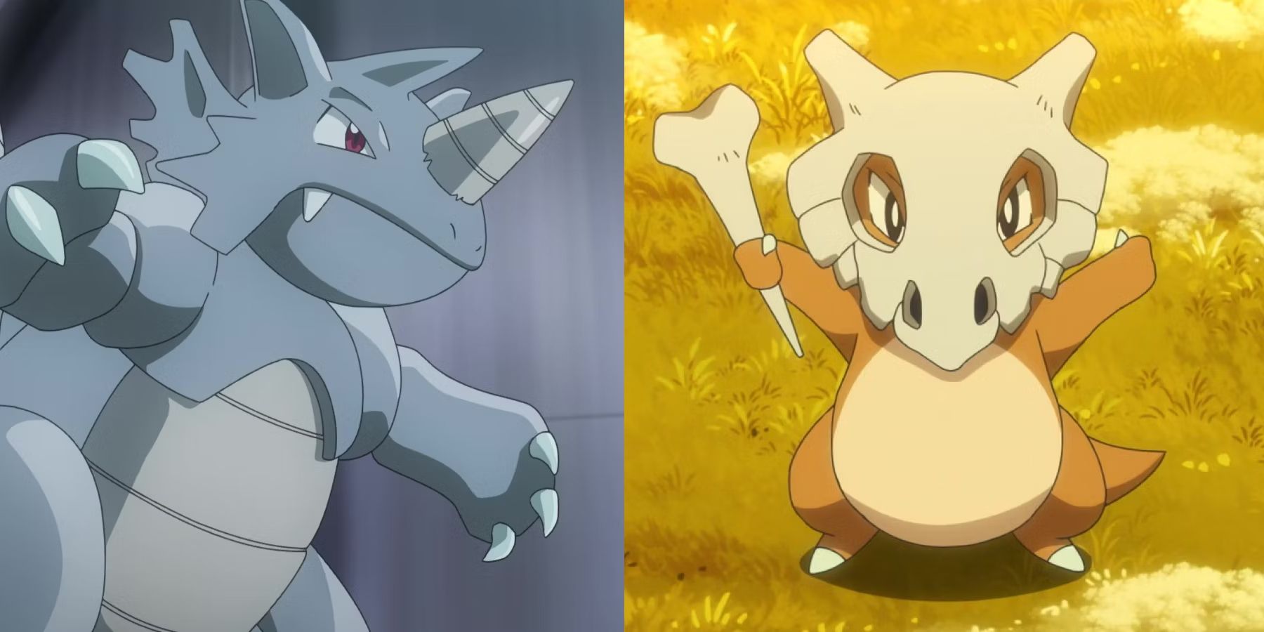 A split-screen view of Rhydon and Cubone from the Pokemon anime.