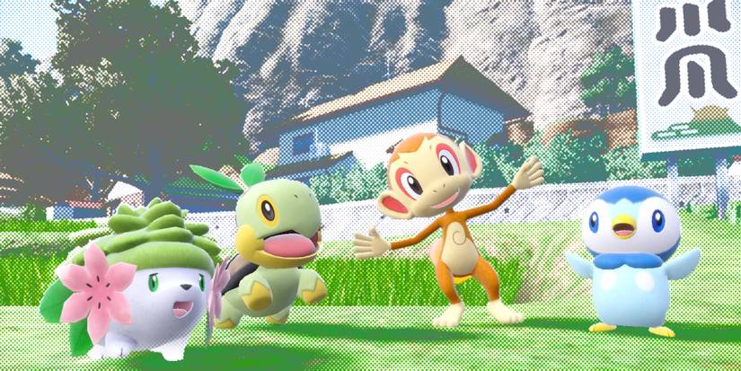 Pokemon Scarlet and Violet Shaymin Piplup Turtwig Chimchar jumping from happiness dot halftone background