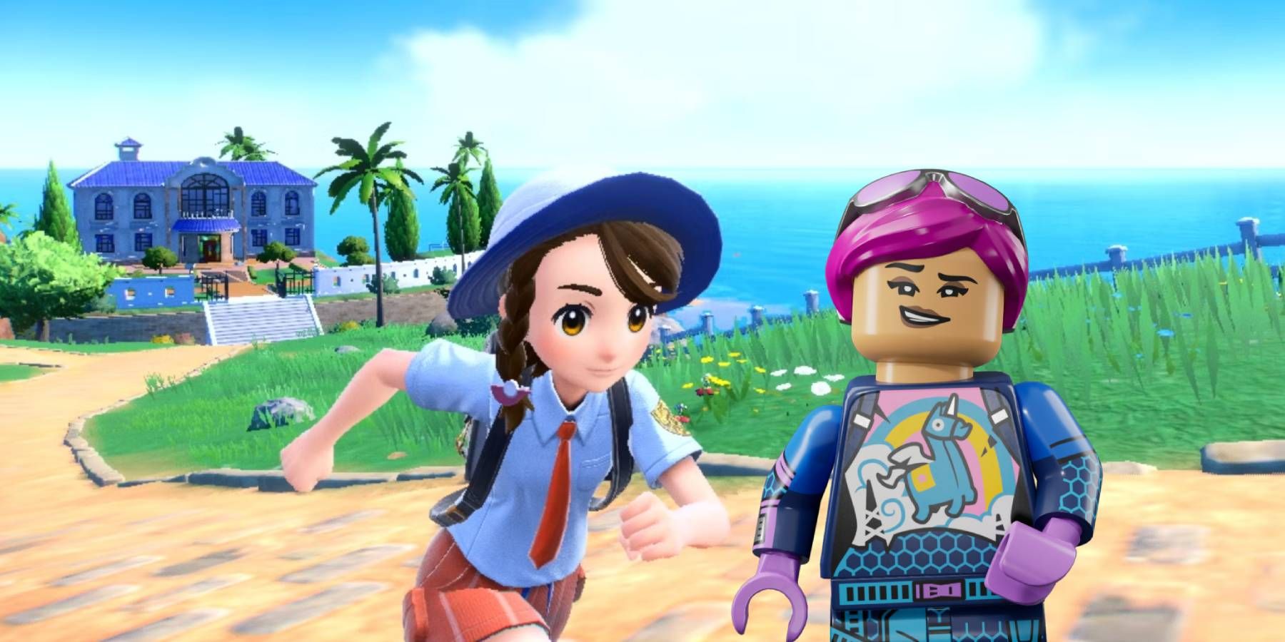 A trainer from Pokemon Scarlet and Violet running alongside LEGO Brite Bomber from LEGO Fortnite