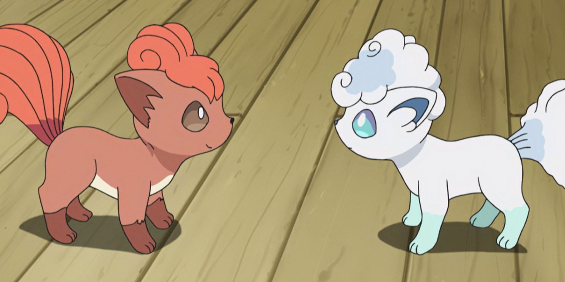 A screenshot of Vulpix and its Aloan varient in the Pokemon anime.