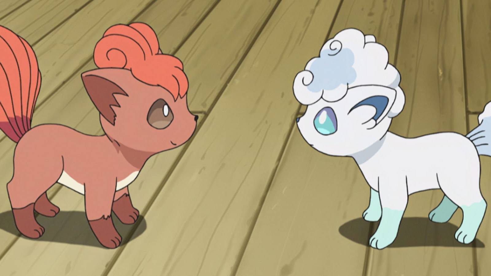 A screenshot of Vulpix and its Aloan varient in the Pokemon anime.