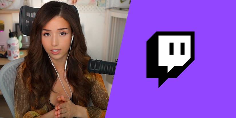 A side-by-side image featuring a screenshot from Imane "Pokimane" Anys' Twitch stream on the left and the Twitch logo on the right.