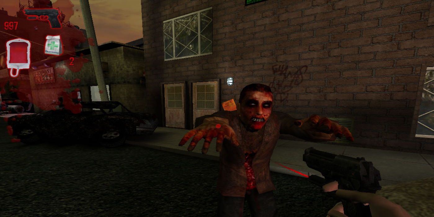 A zombie lunging for the player near a destroyed car