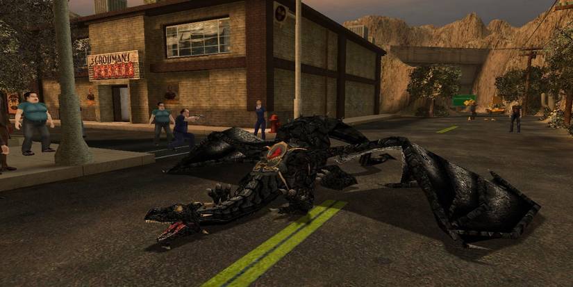 A rideable dragon sitting in town while police point their guns