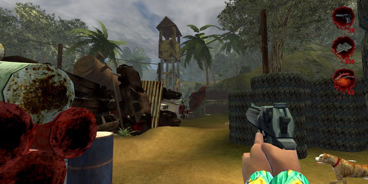 A junkyard with Postal Dude in a tropical shirt and Champ walking nearby