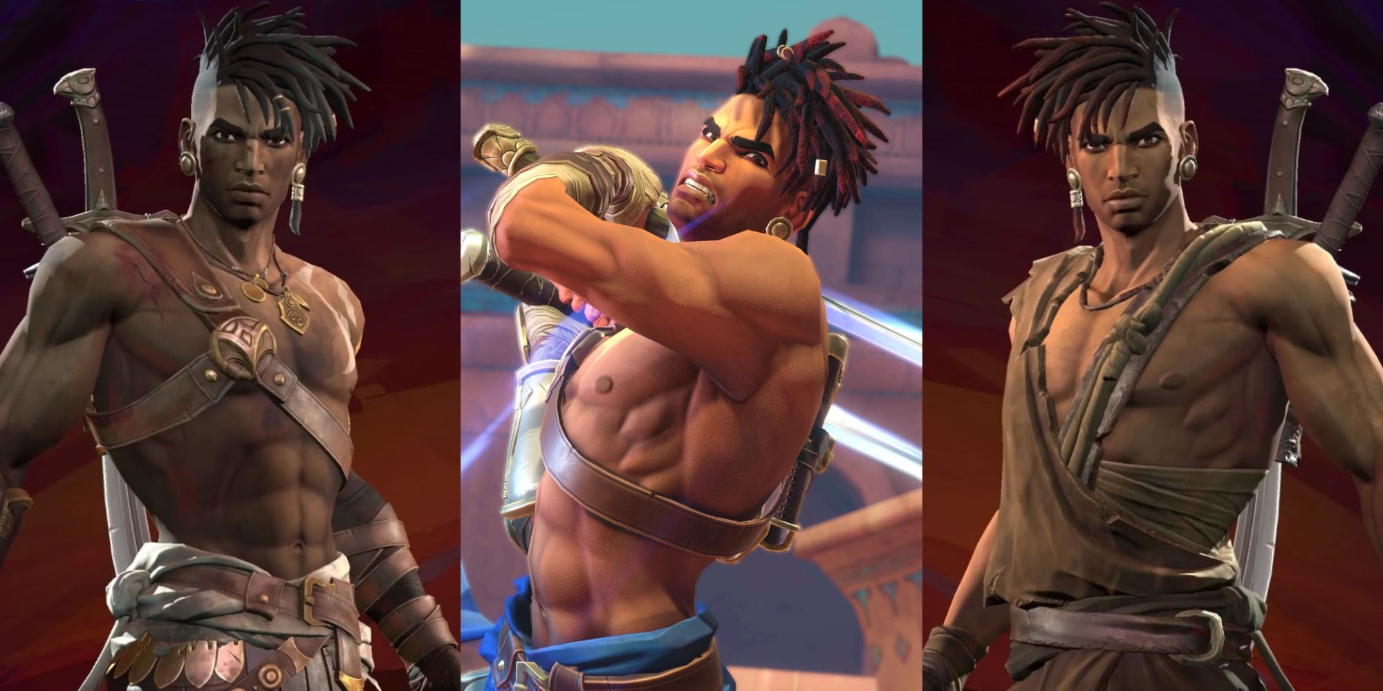 A split image of Sargon in his Radiant, Default, and Young Sargon skins from Prince Of Persia: The Lost Crown