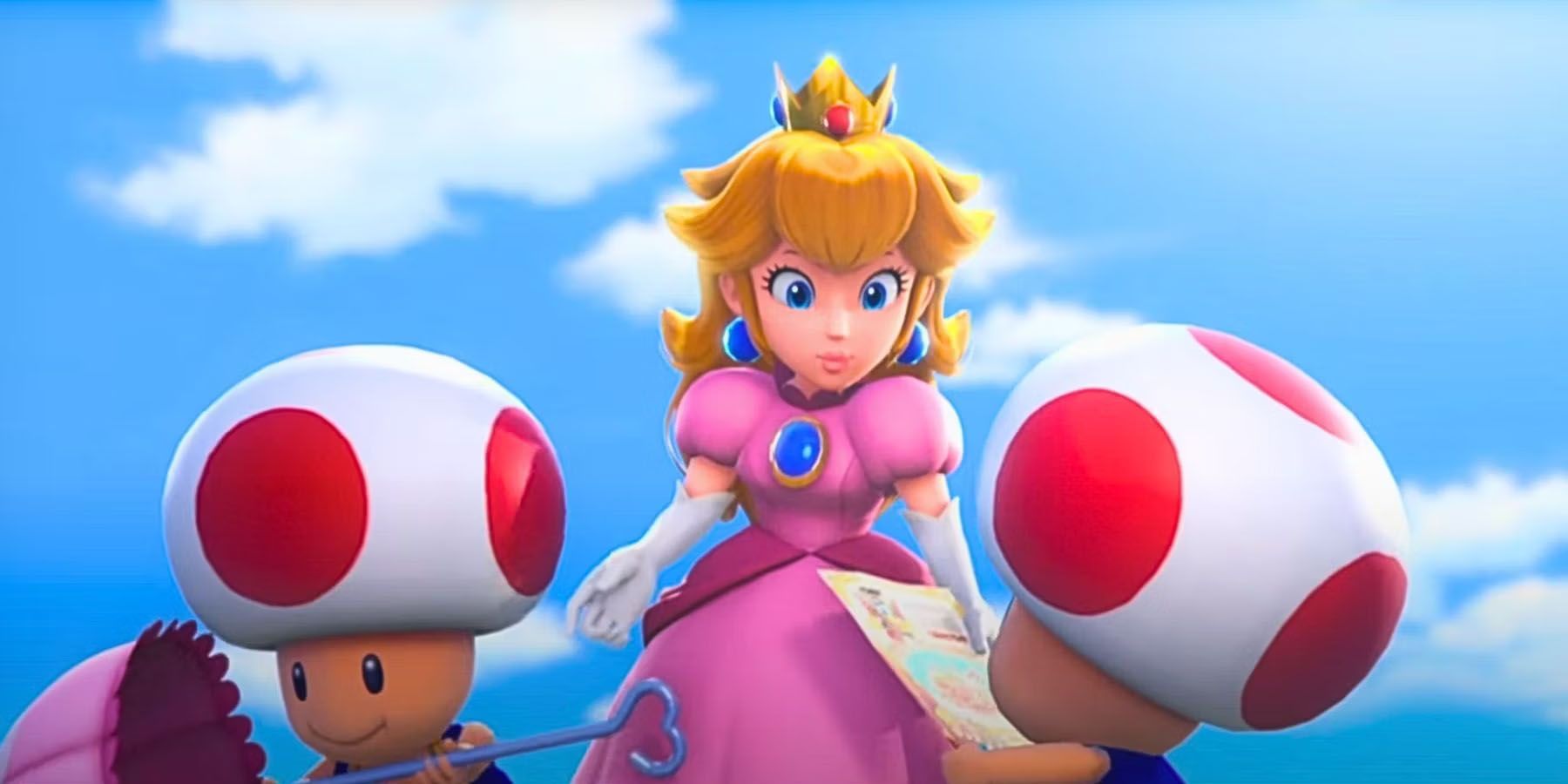 A screenshot of Princess Peach and two Toads in Princess Peach: Showtime.