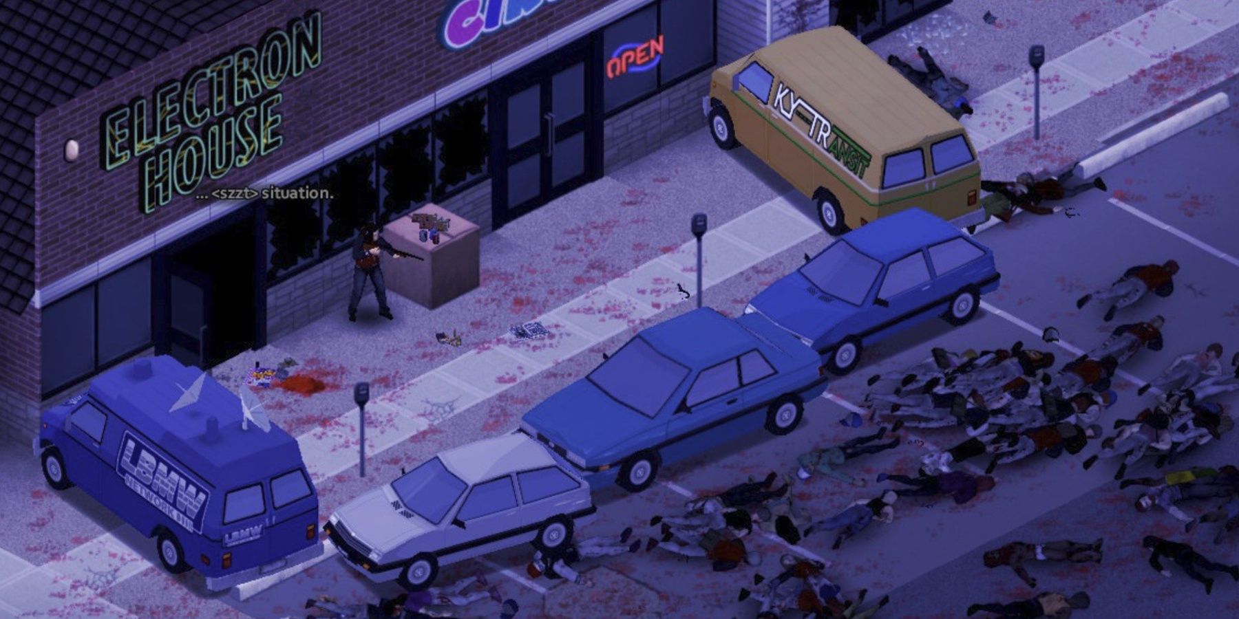 The player barricaded behind cars and dead zombies lying on the other side