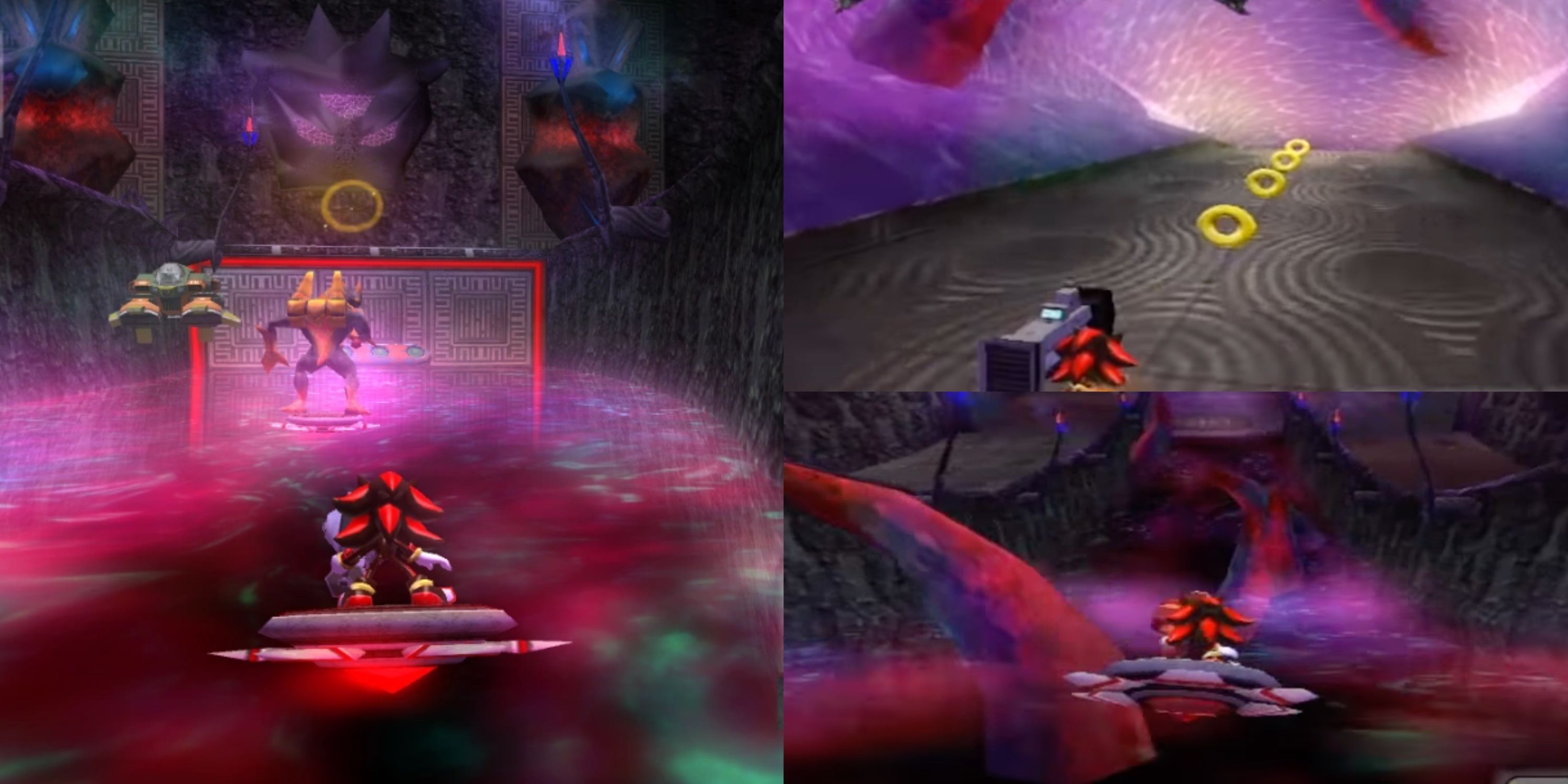 Shadow the hedgehog crossing a reddish-purple location full of aliens