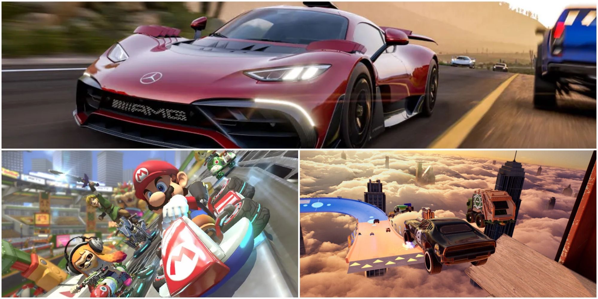 Split image showing Mario Kart 8 Deluxe, Hot Wheels Unleashed and Forza Horizon 5.