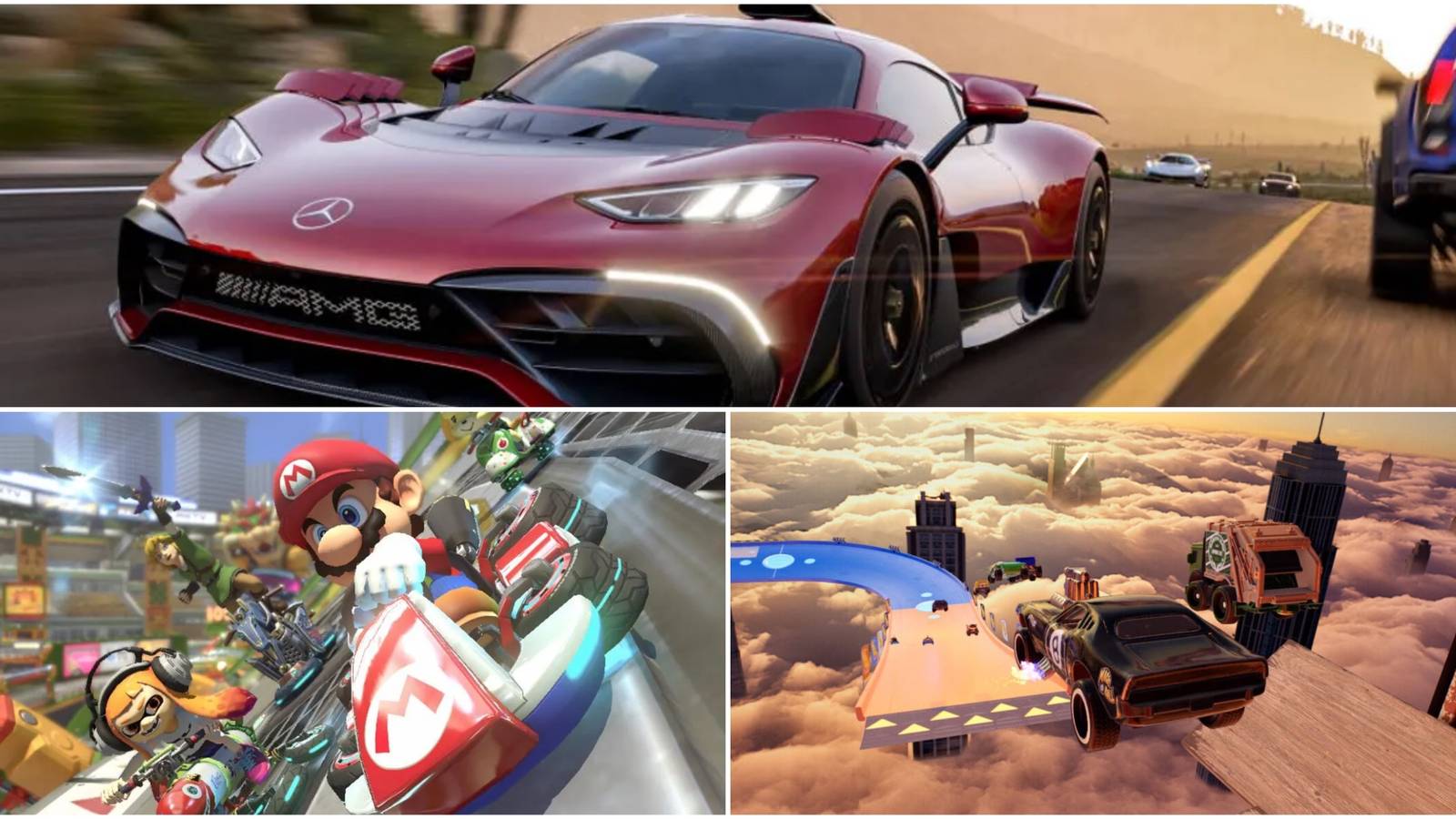 Split image showing Mario Kart 8 Deluxe, Hot Wheels Unleashed and Forza Horizon 5.