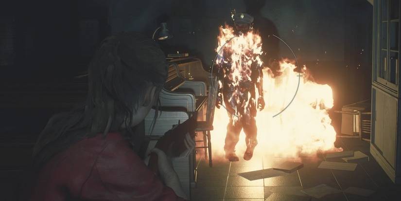 claire shooting a zombie with the grenade launcher