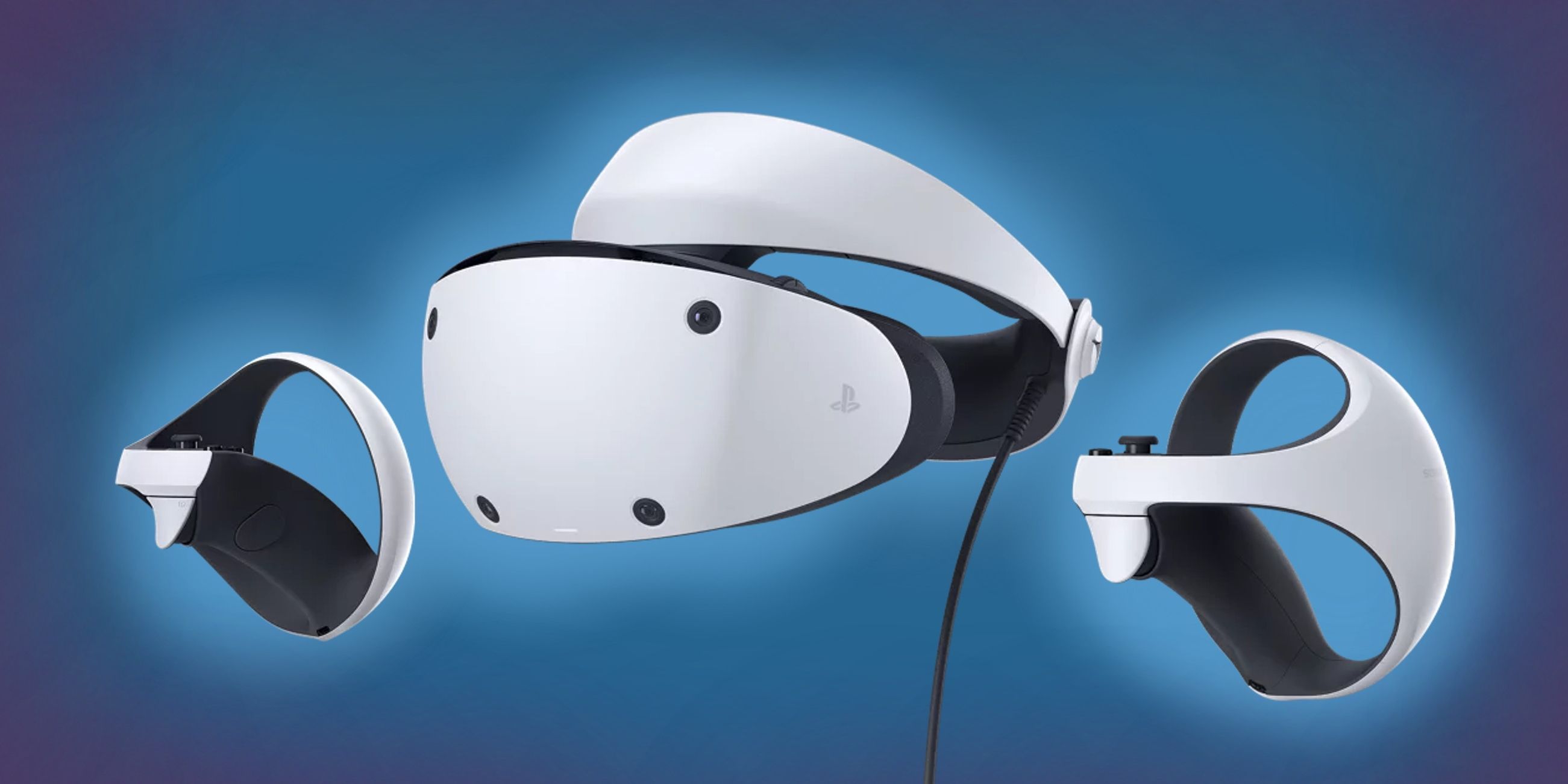 A photograph of the PlayStation VR2 headset set against a blue backdrop. The photo shows both the headset and two controllers for the VR headset.