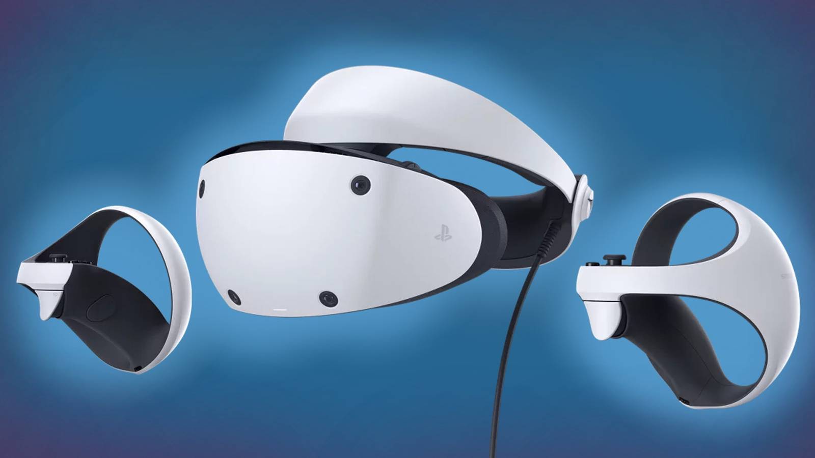 A photograph of the PlayStation VR2 headset set against a blue backdrop. The photo shows both the headset and two controllers for the VR headset.