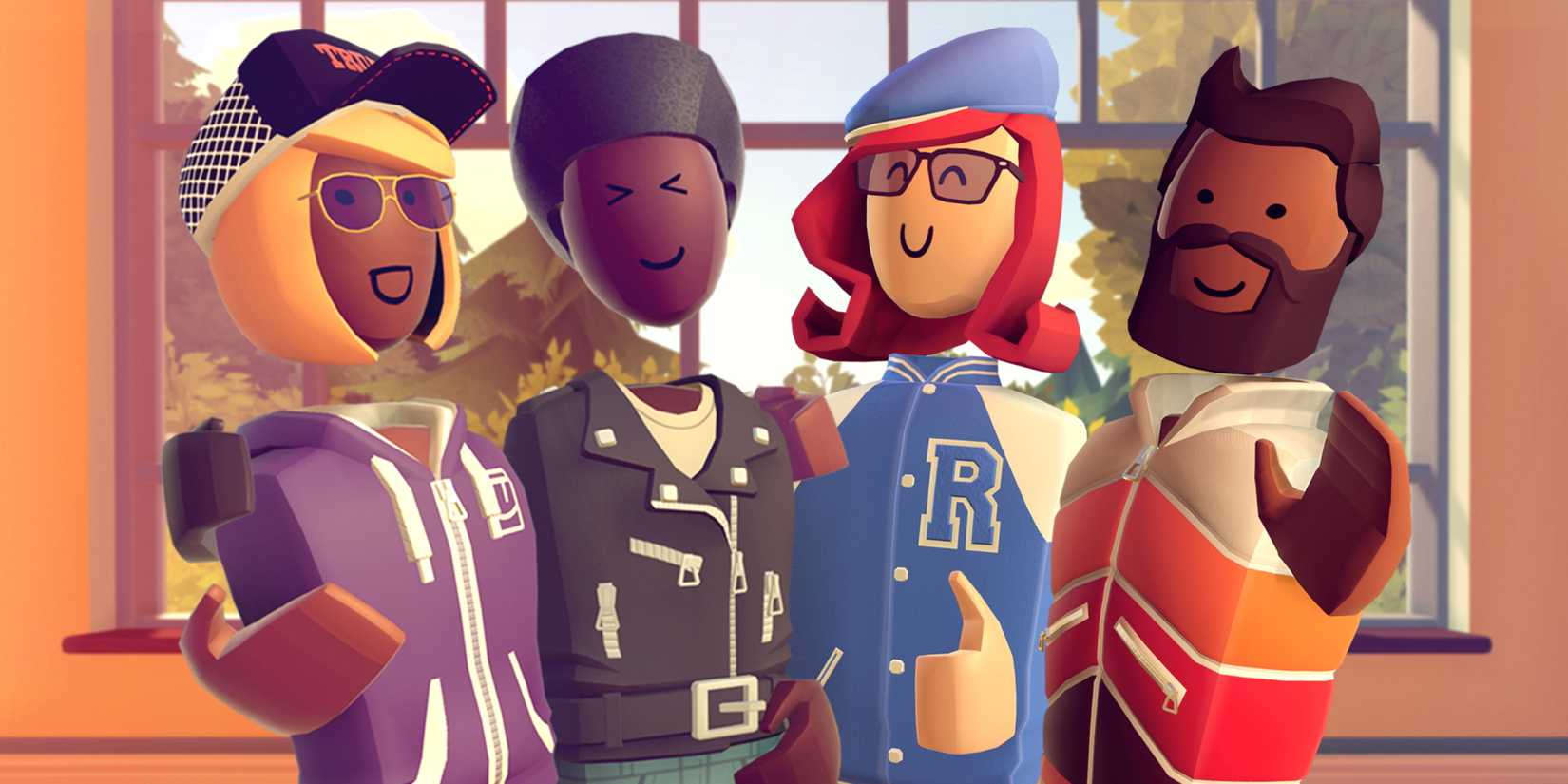 A screenshot from Rec Room. The screenshot shows four cartoonish blocky characters hanging out with one another.