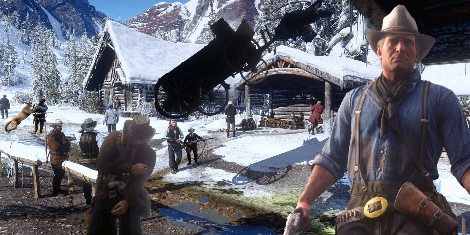 Arthur Morgan and various Red Dead Redemption 2 NPCs in a snowy environment
