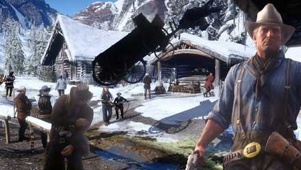 Arthur Morgan and various Red Dead Redemption 2 NPCs in a snowy environment