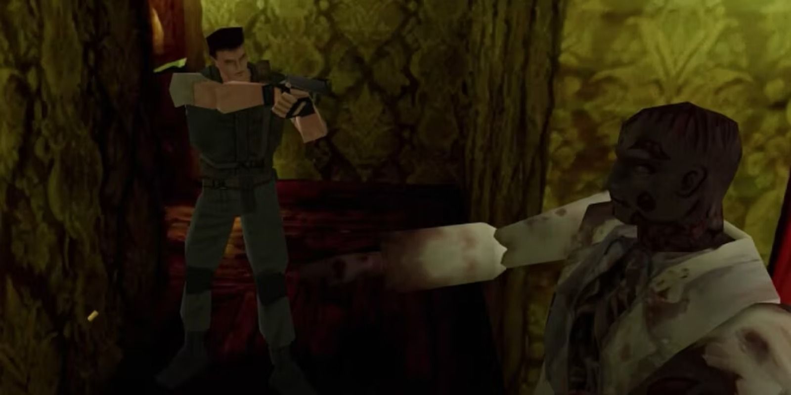 Chris Redfield shoots a zombie in Resident Evil 